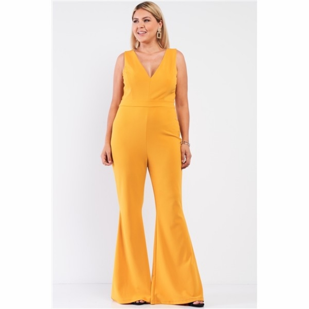Yellow V-Neck Flare Wide Leg Plus Size Jumpsuit